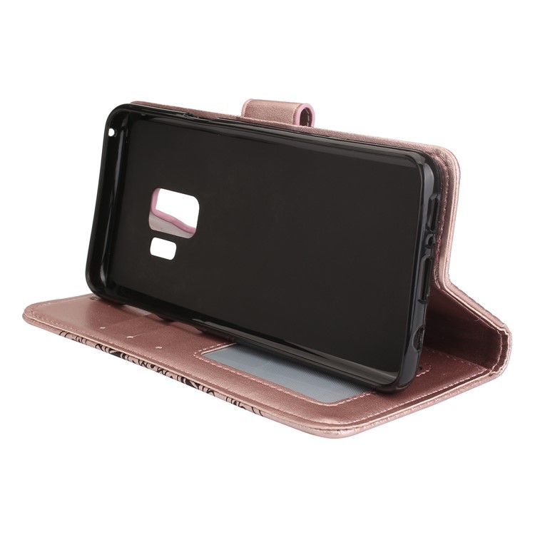 Imprinted Flower Pattern Wallet Leather Stand Case for Samsung Galaxy S9 G960 - Rose Gold-4