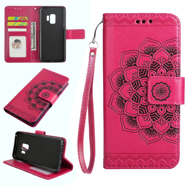 Imprinted Flower Pattern Wallet Leather Stand Cover for Samsung Galaxy S9 G960 - Rose-1