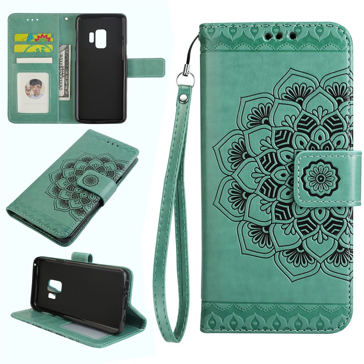 Imprinted Flower Pattern Leather Wallet Case Phone Shell for Samsung Galaxy S9 G960 - Green-1