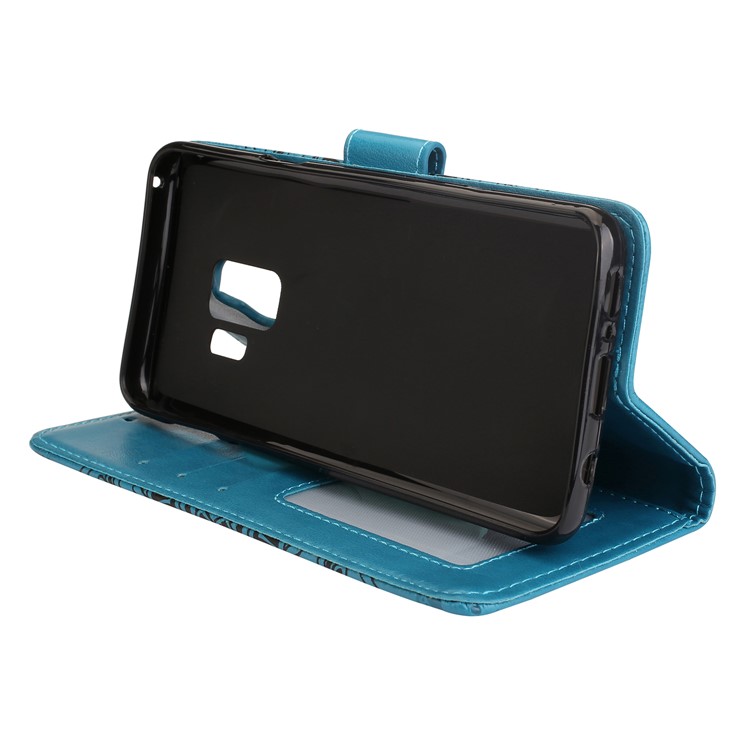 Imprinted Flower Pattern Leather Card Holder Case for Samsung Galaxy S9 G960 - Blue-4