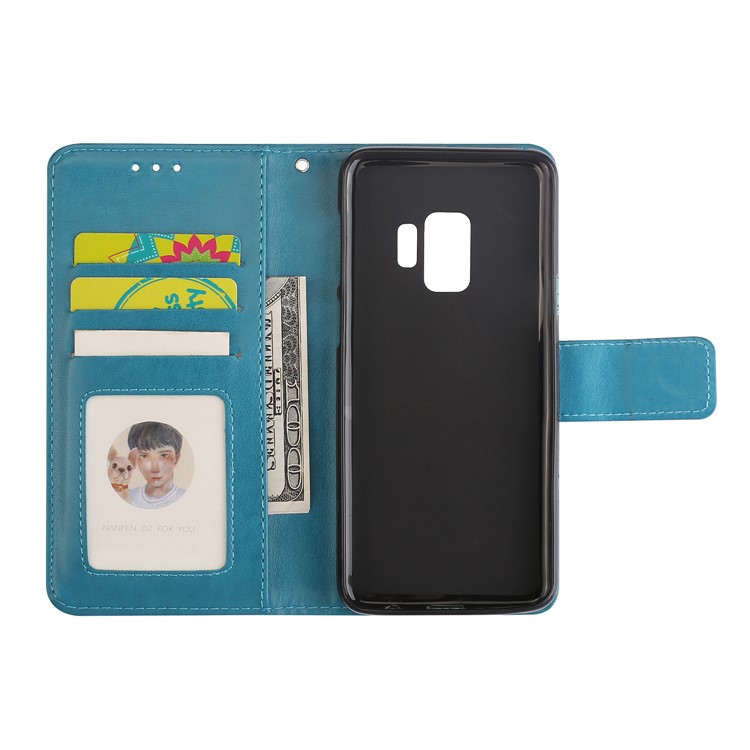 Imprinted Flower Pattern Leather Card Holder Case for Samsung Galaxy S9 G960 - Blue-6