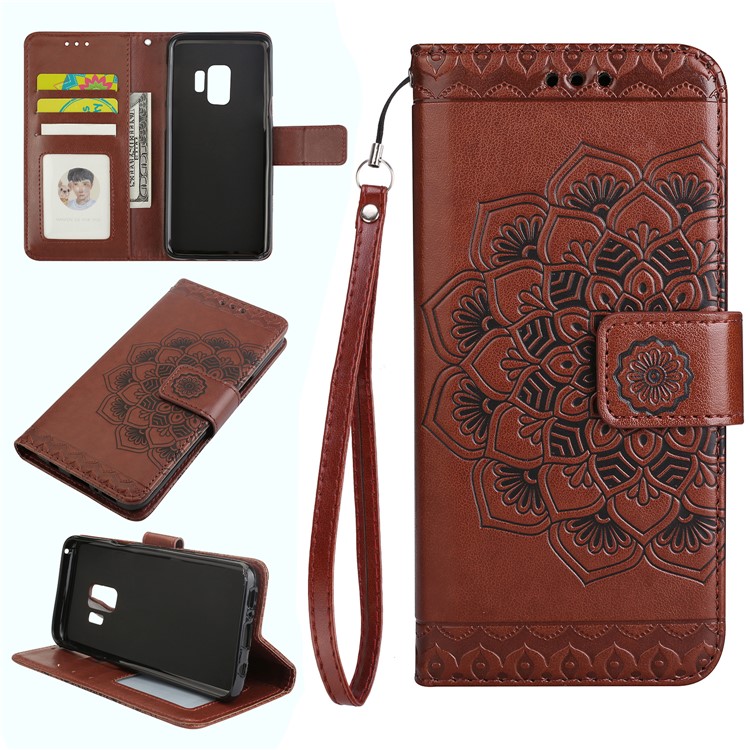 Imprinted Flower Pattern PU Leather Wallet Case for Samsung Galaxy S9 G960 - Brown-1