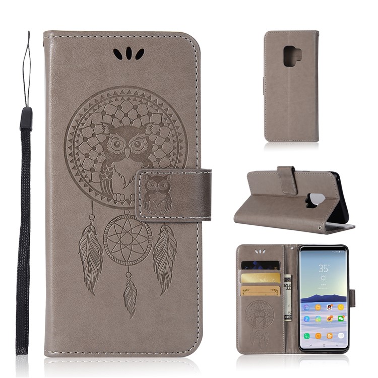 Imprint Owl Dream Catcher Pattern PU Leather Wallet Cover for Samsung Galaxy S9 - Grey-1