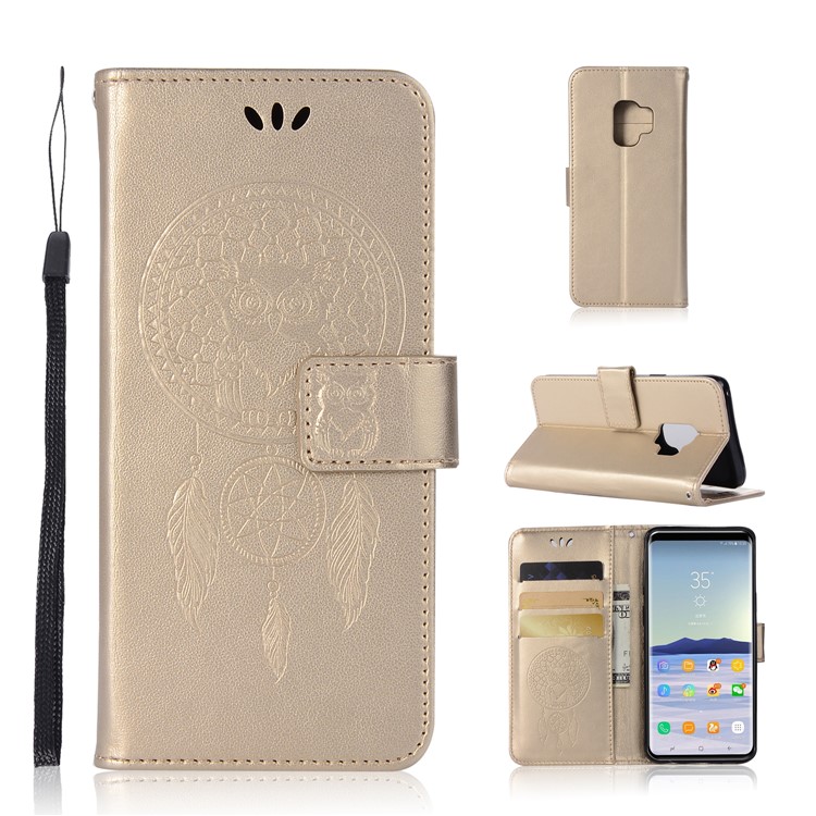 Imprint Owl Dream Catcher Pattern PU Leather Case with Stand for Samsung Galaxy S9 - Gold-1