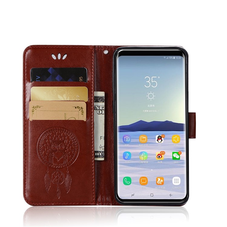 Imprint Owl Dream Catcher Pattern PU Leather Wallet Cell Phone Cover for Samsung Galaxy S9 - Brown-4