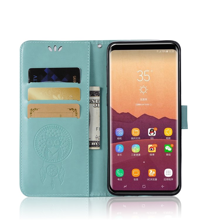 Imprint Dream Catcher Owl Magnetic Wallet PU Leather Stand Mobile Phone Cover for Samsung Galaxy S9+ G965 - Cyan-4