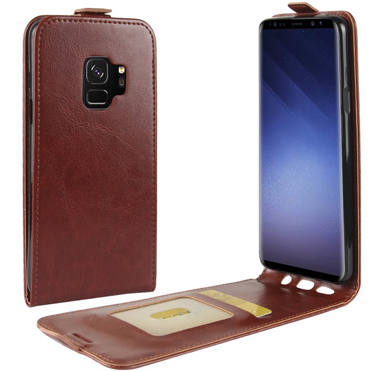 Crazy Horse Texture Vertical Flip Card Holder Leather Phone Cover for Samsung Galaxy S9 - Brown-1