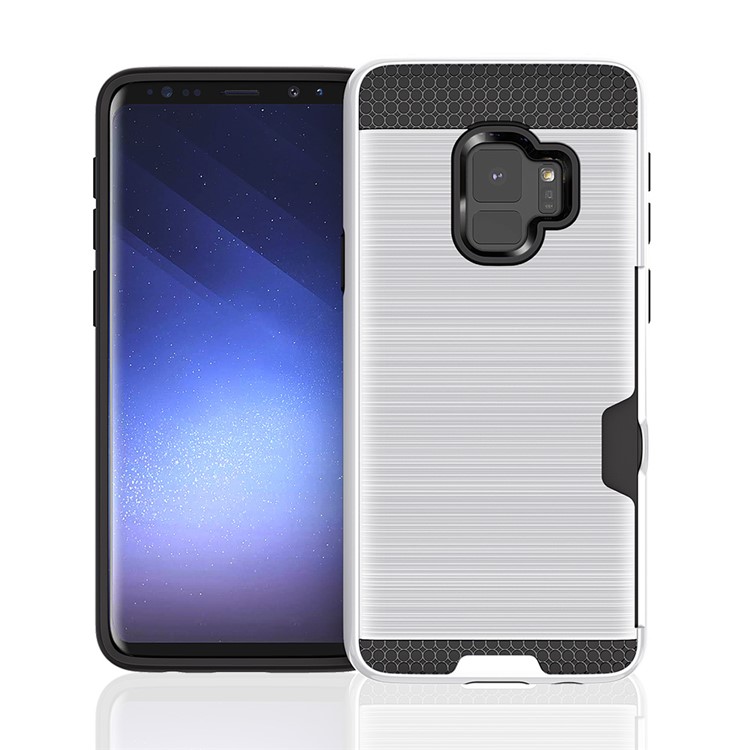 Brushed PC TPU Hybrid Cover with Card Holder for Samsung Galaxy S9 G960 - White-1