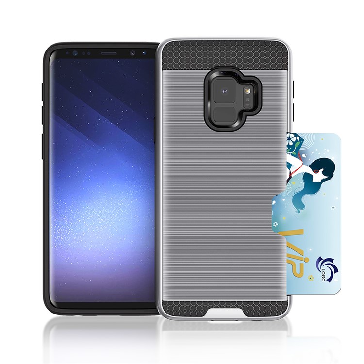 Brushed PC TPU Hybrid Shell with Card Holder for Samsung Galaxy S9 G960 - Silver-1