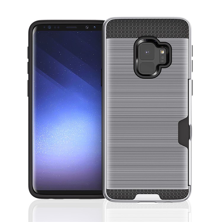 Brushed PC TPU Hybrid Shell with Card Holder for Samsung Galaxy S9 G960 - Silver-2