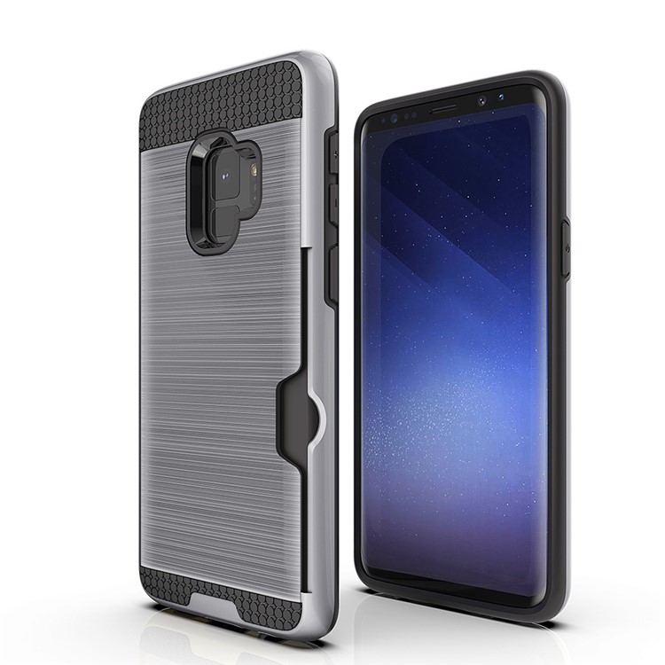 Brushed PC TPU Hybrid Shell with Card Holder for Samsung Galaxy S9 G960 - Silver-3