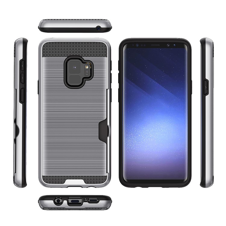 Brushed PC TPU Hybrid Shell with Card Holder for Samsung Galaxy S9 G960 - Silver-4
