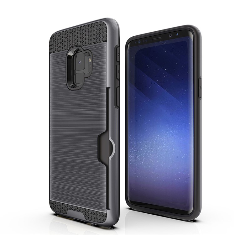 Brushed PC TPU Hybrid Phone Case with Card Holder for Samsung Galaxy S9 G960 - Grey-2