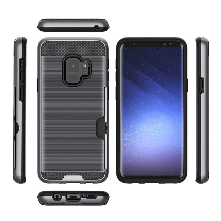 Brushed PC TPU Hybrid Phone Case with Card Holder for Samsung Galaxy S9 G960 - Grey-3