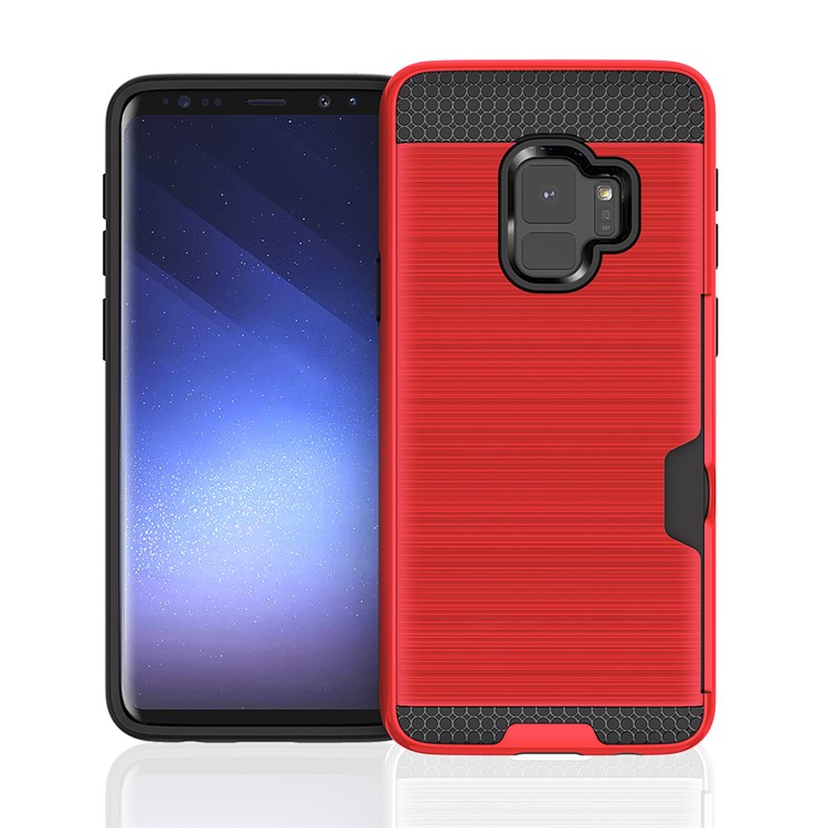 Brushed PC TPU Combo Phone Cover with Card Holder for Samsung Galaxy S9 G960 - Red-1