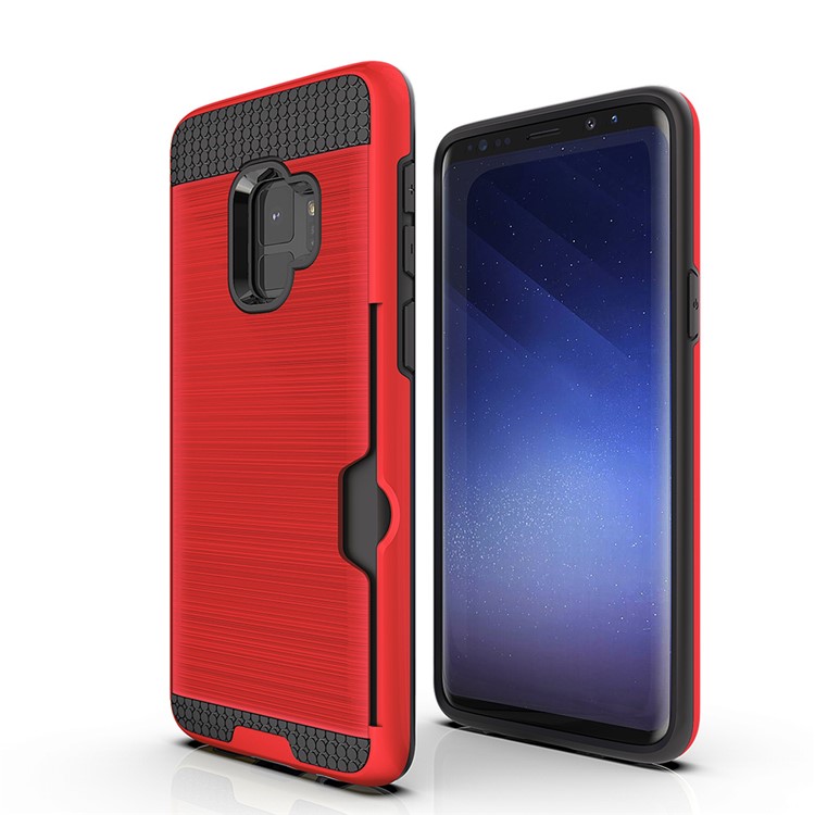 Brushed PC TPU Combo Phone Cover with Card Holder for Samsung Galaxy S9 G960 - Red-2