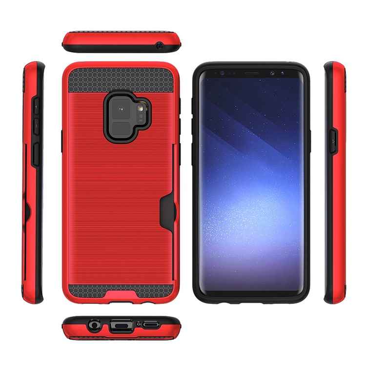 Brushed PC TPU Combo Phone Cover with Card Holder for Samsung Galaxy S9 G960 - Red-3