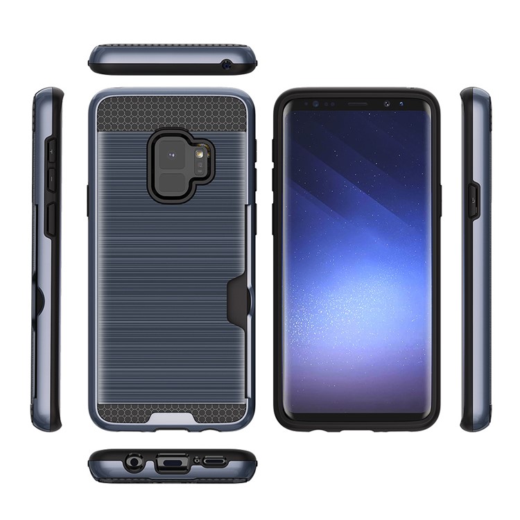Brushed PC TPU Hybrid Case Accessory with Card Slot for Samsung Galaxy S9 G960 - Dark Blue-3