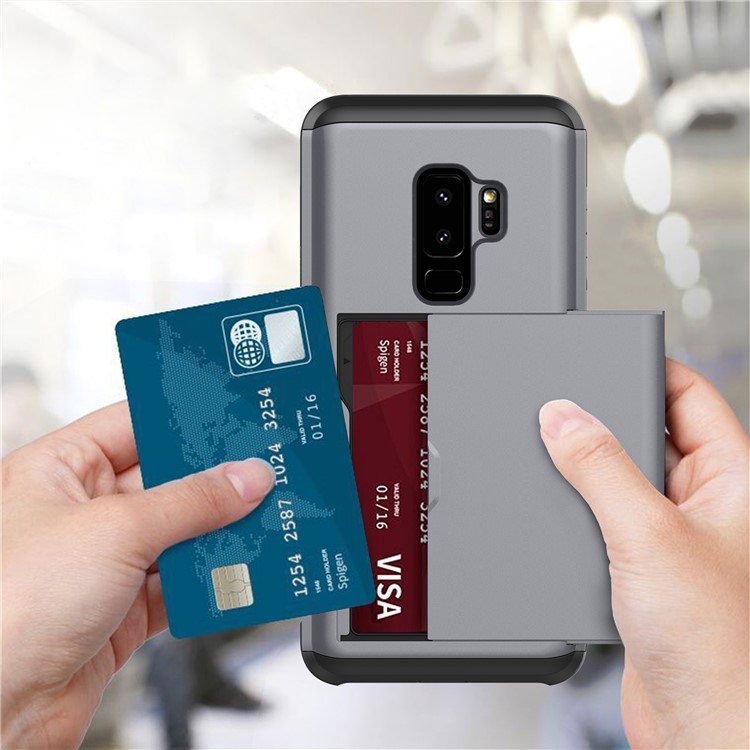 Slide Card Slot Plastic + TPU Mobile Case for Samsung Galaxy S9+ - Grey-2