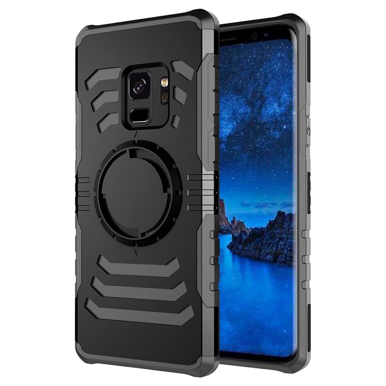 For Samsung Galaxy S9 Horizontal Stripes PC TPU Hybrid Case Built-in Magnetic Holder Metal Sheet - Black-1