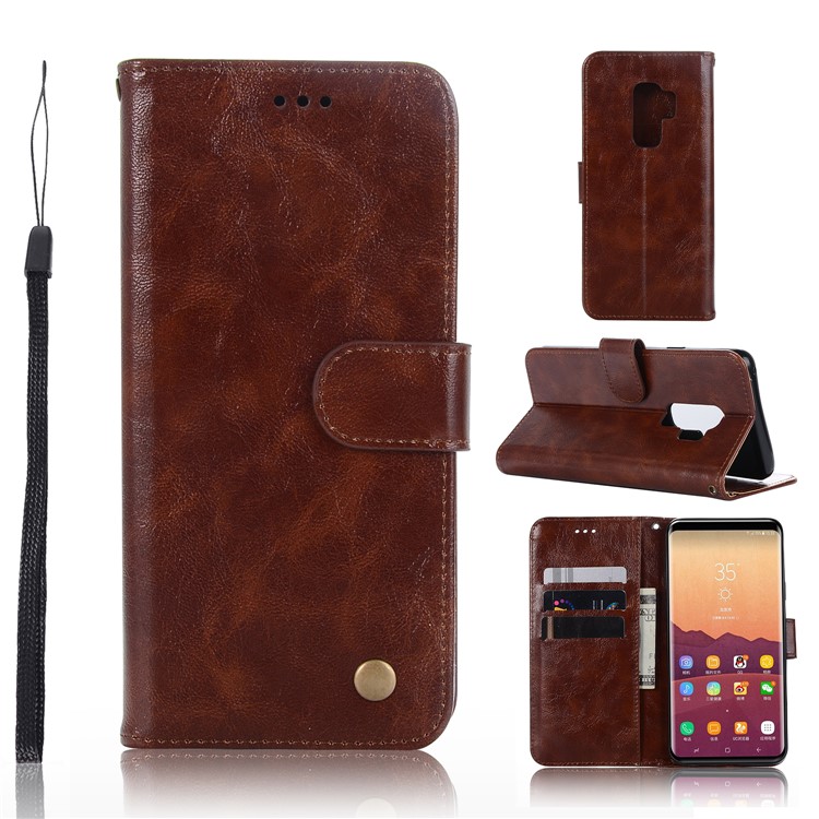 Premium Vintage PU Leather Stand Wallet Mobile Cover for Samsung Galaxy S9+ G965 - Coffee-1