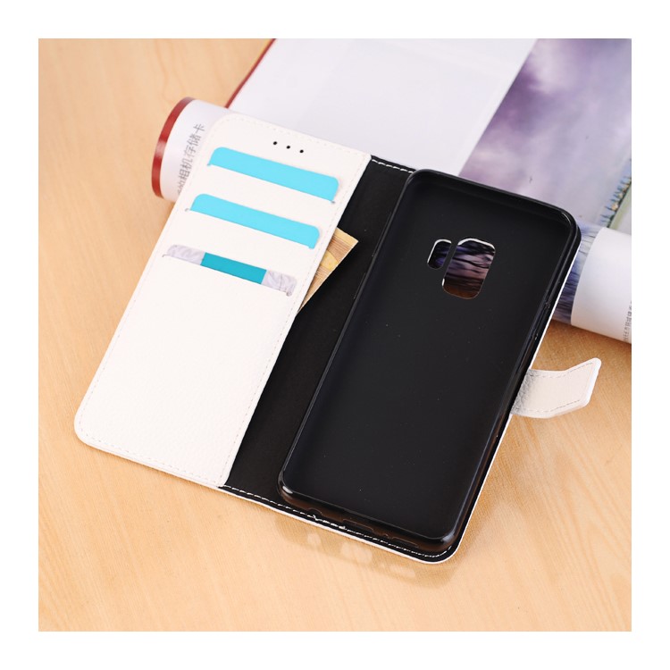 Litchi Texture PU Leather Wallet Stand Mobile Phone Shell for Samsung Galaxy S9 G960 - White-2