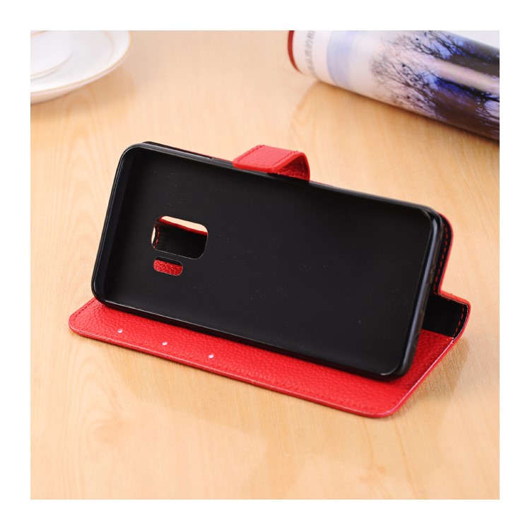 Litchi Texture Wallet Stand Leather Cell Phone Cover for Samsung Galaxy S9 G960 - Red-3