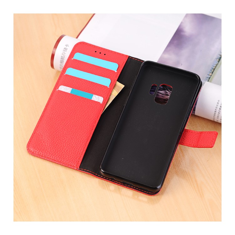 Litchi Texture Wallet Stand Leather Cell Phone Cover for Samsung Galaxy S9 G960 - Red-4