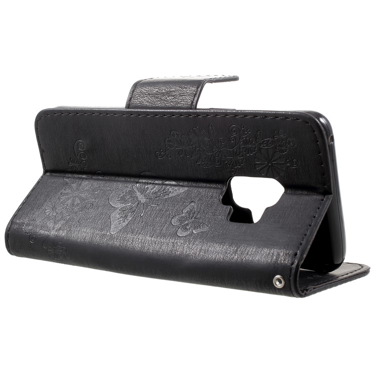 Imprint Butterfly Flower Leather Stand Wallet Case for Samsung Galaxy S9 - Black-5
