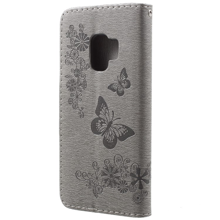 Imprint Butterfly Flower Leather Stand Wallet Cover for Samsung Galaxy S9 - Grey-3