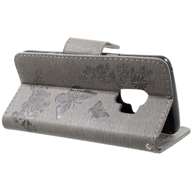 Imprint Butterfly Flower Leather Stand Wallet Cover for Samsung Galaxy S9 - Grey-4