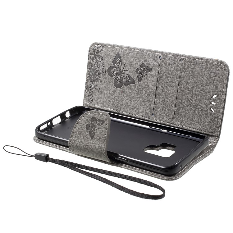 Imprint Butterfly Flower Leather Stand Wallet Cover for Samsung Galaxy S9 - Grey-5