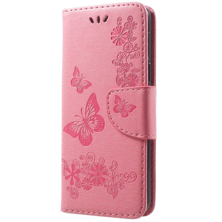 Imprint Butterfly Flower Leather Stand Protective Mobile Case for Samsung Galaxy S9 - Pink-2