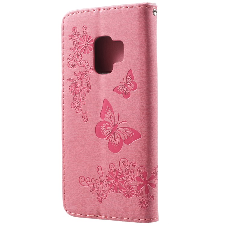 Imprint Butterfly Flower Leather Stand Protective Mobile Case for Samsung Galaxy S9 - Pink-3
