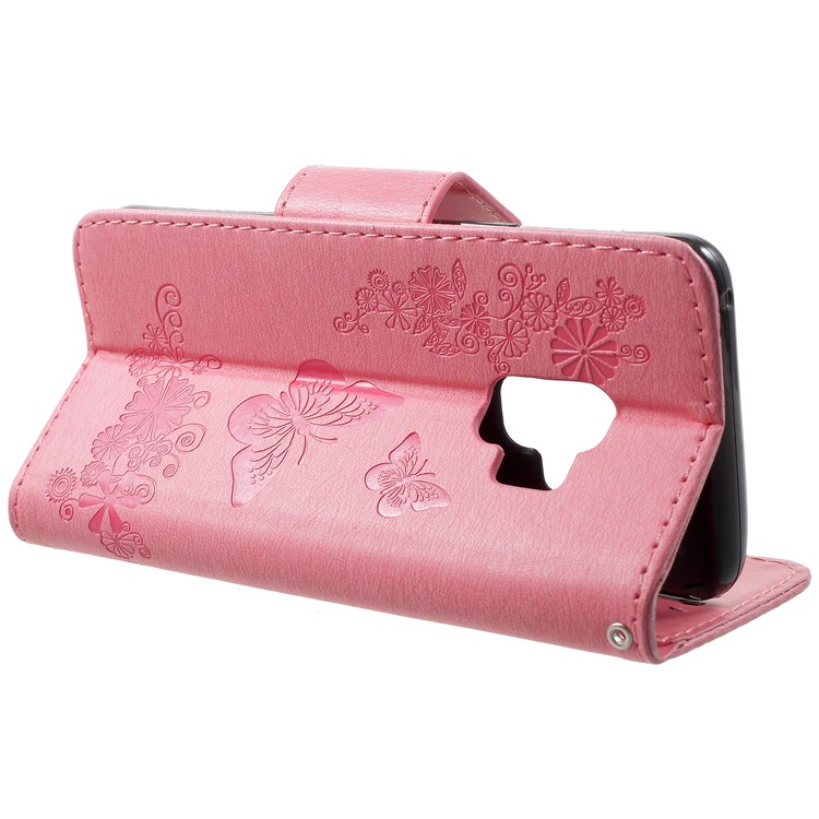 Imprint Butterfly Flower Leather Stand Protective Mobile Case for Samsung Galaxy S9 - Pink-4