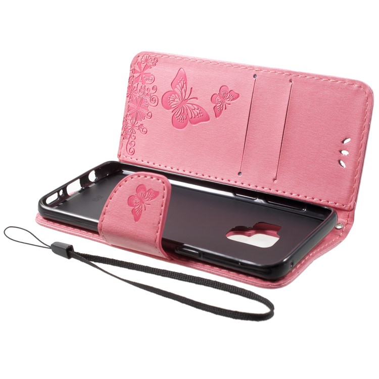 Imprint Butterfly Flower Leather Stand Protective Mobile Case for Samsung Galaxy S9 - Pink-5