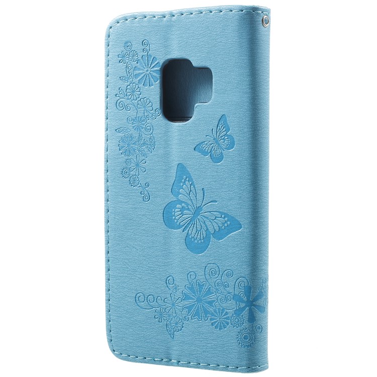 Imprint Butterfly Flower Leather Stand Wallet Mobile Cover for Samsung Galaxy S9 G960 - Blue-3