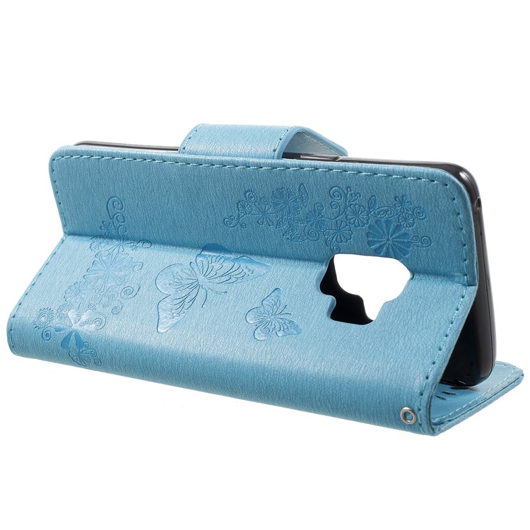 Imprint Butterfly Flower Leather Stand Wallet Mobile Cover for Samsung Galaxy S9 G960 - Blue-4
