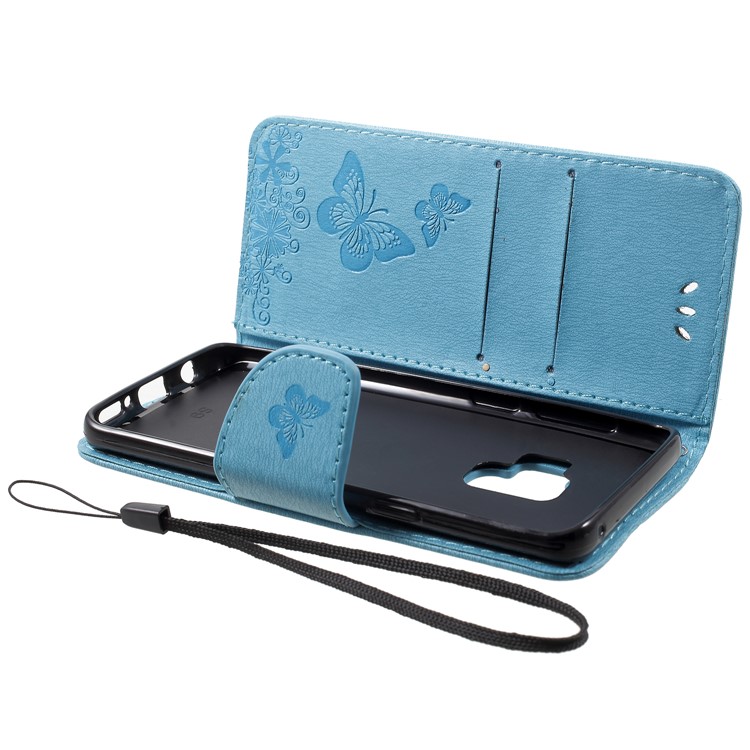 Imprint Butterfly Flower Leather Stand Wallet Mobile Cover for Samsung Galaxy S9 G960 - Blue-5