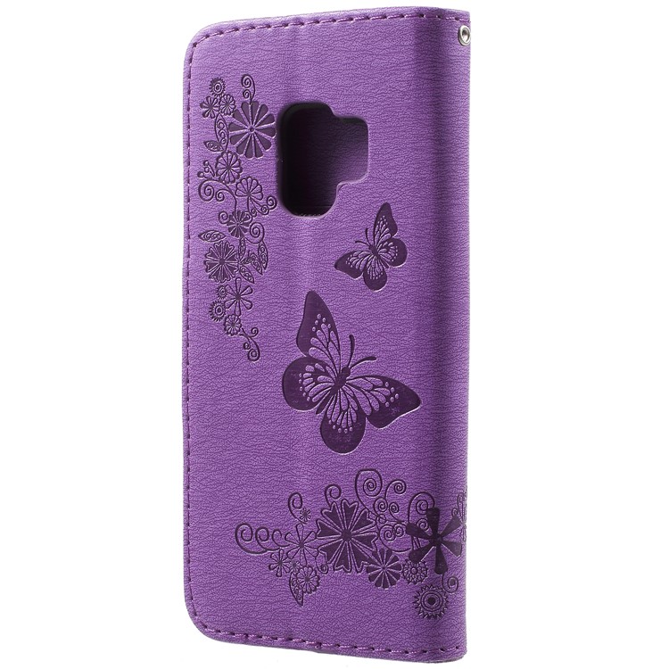 Imprint Butterfly Flower Wallet Leather Stand Case Accessory for Samsung Galaxy S9 G960 - Purple-3