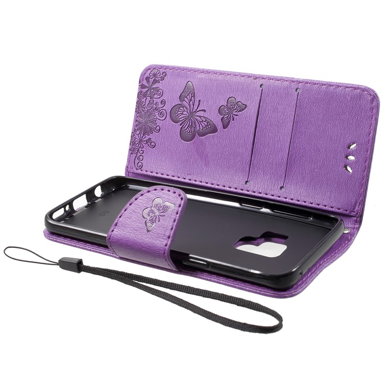 Imprint Butterfly Flower Wallet Leather Stand Case Accessory for Samsung Galaxy S9 G960 - Purple-5