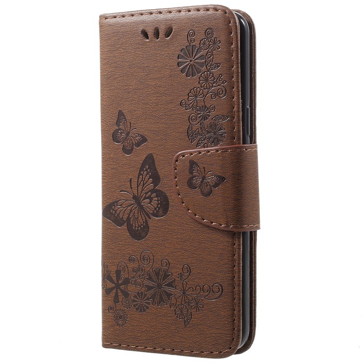 Imprint Butterfly Flower Card Holder Stand Leather Cellphone Cover for Samsung Galaxy S9 - Brown-2