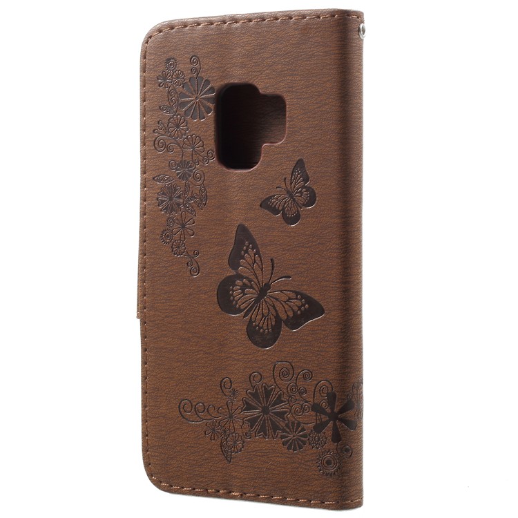 Imprint Butterfly Flower Card Holder Stand Leather Cellphone Cover for Samsung Galaxy S9 - Brown-3