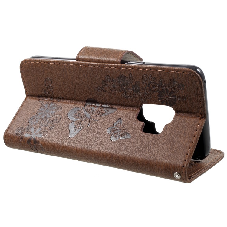 Imprint Butterfly Flower Card Holder Stand Leather Cellphone Cover for Samsung Galaxy S9 - Brown-4