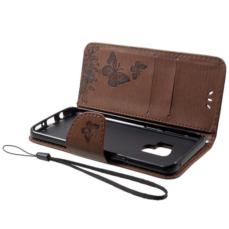Imprint Butterfly Flower Card Holder Stand Leather Cellphone Cover for Samsung Galaxy S9 - Brown-5