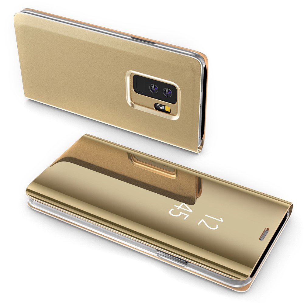 Para Samsung Galaxy S9 + G965 Espejo Plateado Información De Superficie Ver Soporte De Cuero Smart Shell Funda - Oro