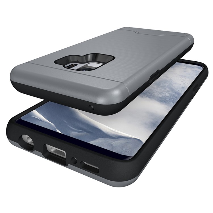 Brushed PC + TPU Hybrid Kickstand Cover with Card Slot for Samsung Galaxy S9 G960 - Grey-10