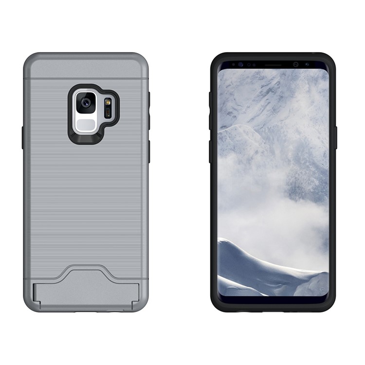 Brushed PC + TPU Hybrid Kickstand Cover with Card Slot for Samsung Galaxy S9 G960 - Grey-2
