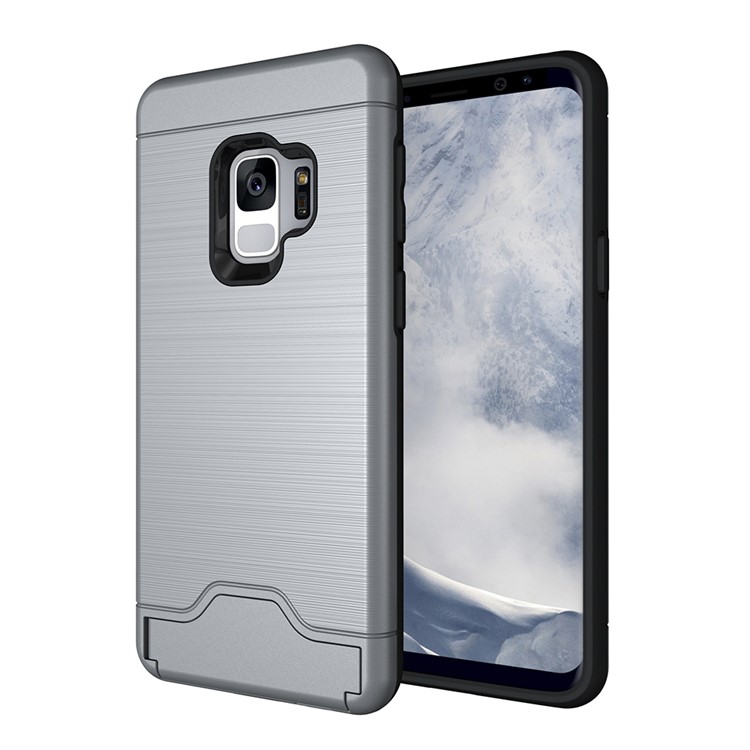Brushed PC + TPU Hybrid Kickstand Cover with Card Slot for Samsung Galaxy S9 G960 - Grey-3