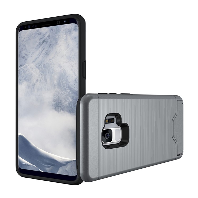 Brushed PC + TPU Hybrid Kickstand Cover with Card Slot for Samsung Galaxy S9 G960 - Grey-4